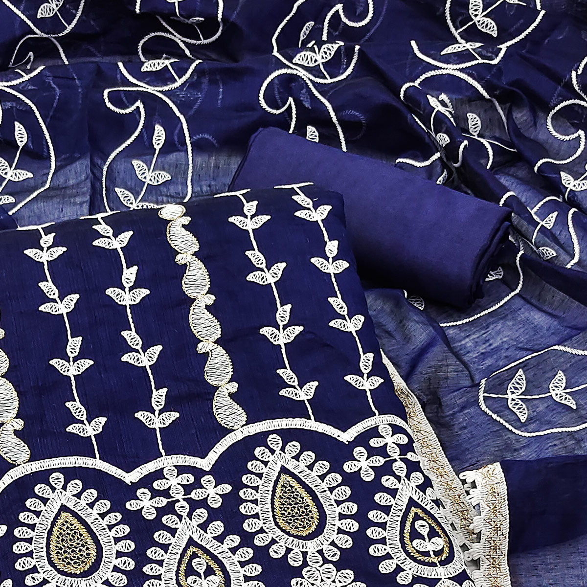 Blue Floral Embroidered Chanderi Cotton Dress Material