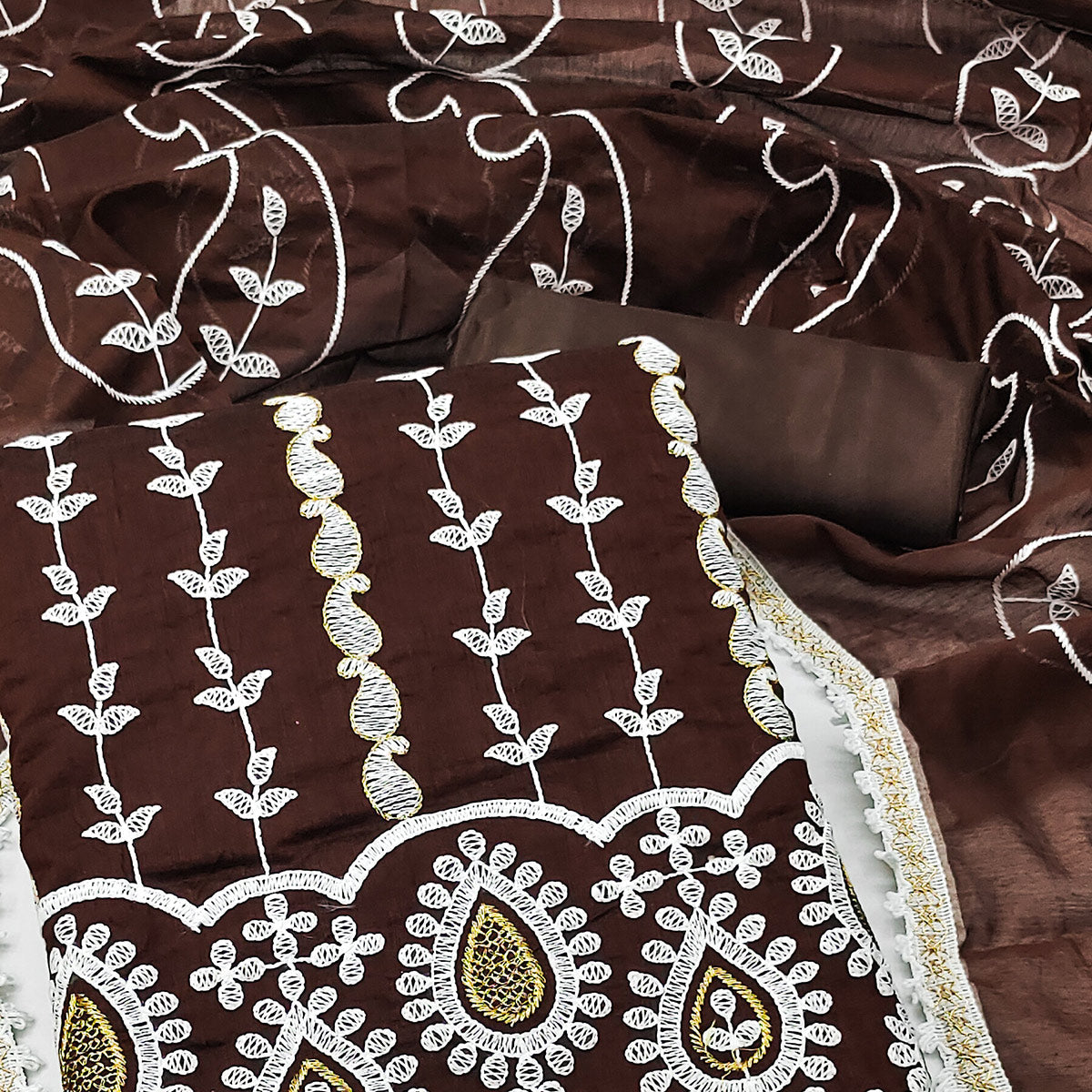 Brown Floral Embroidered Chanderi Cotton Dress Material