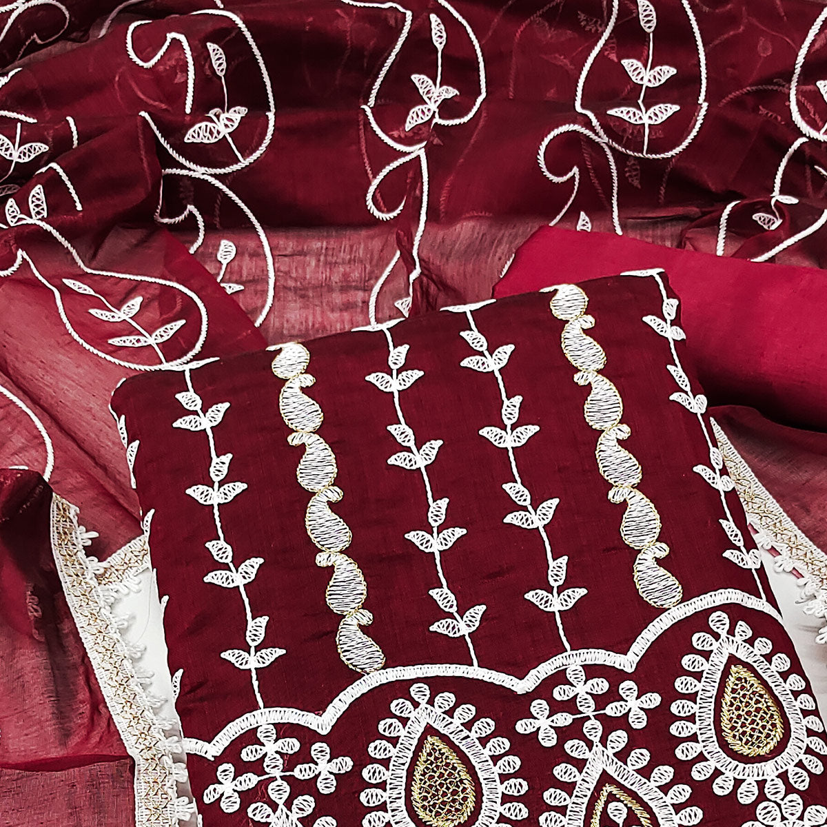 Maroon Floral Embroidered Chanderi Cotton Dress Material