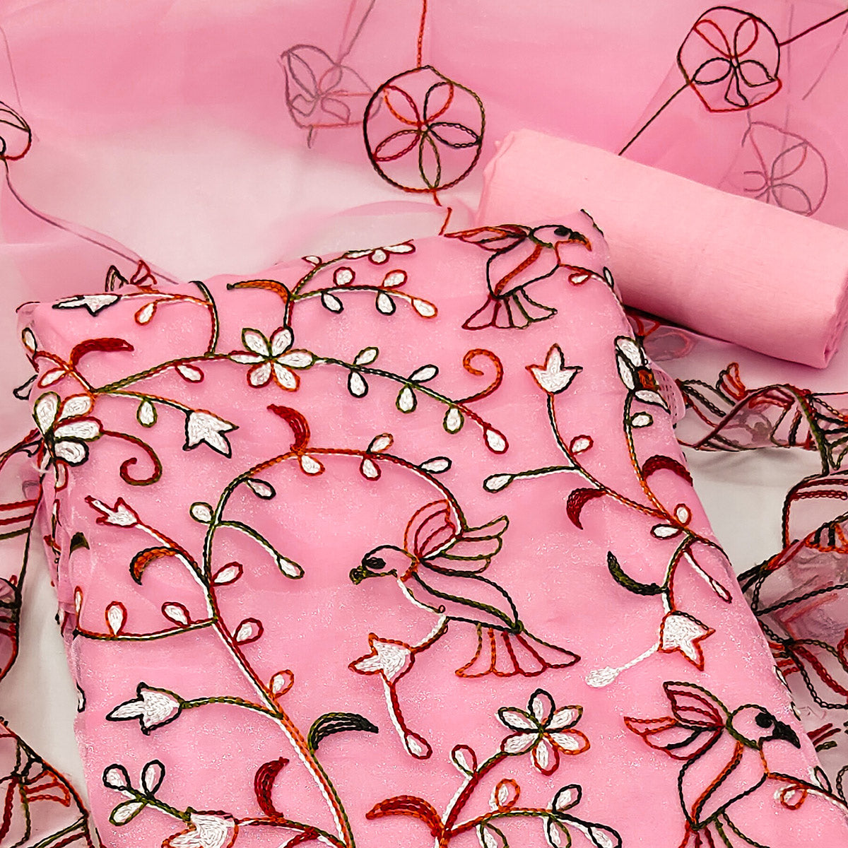 Pink Floral Embroidered Organza Dress Material