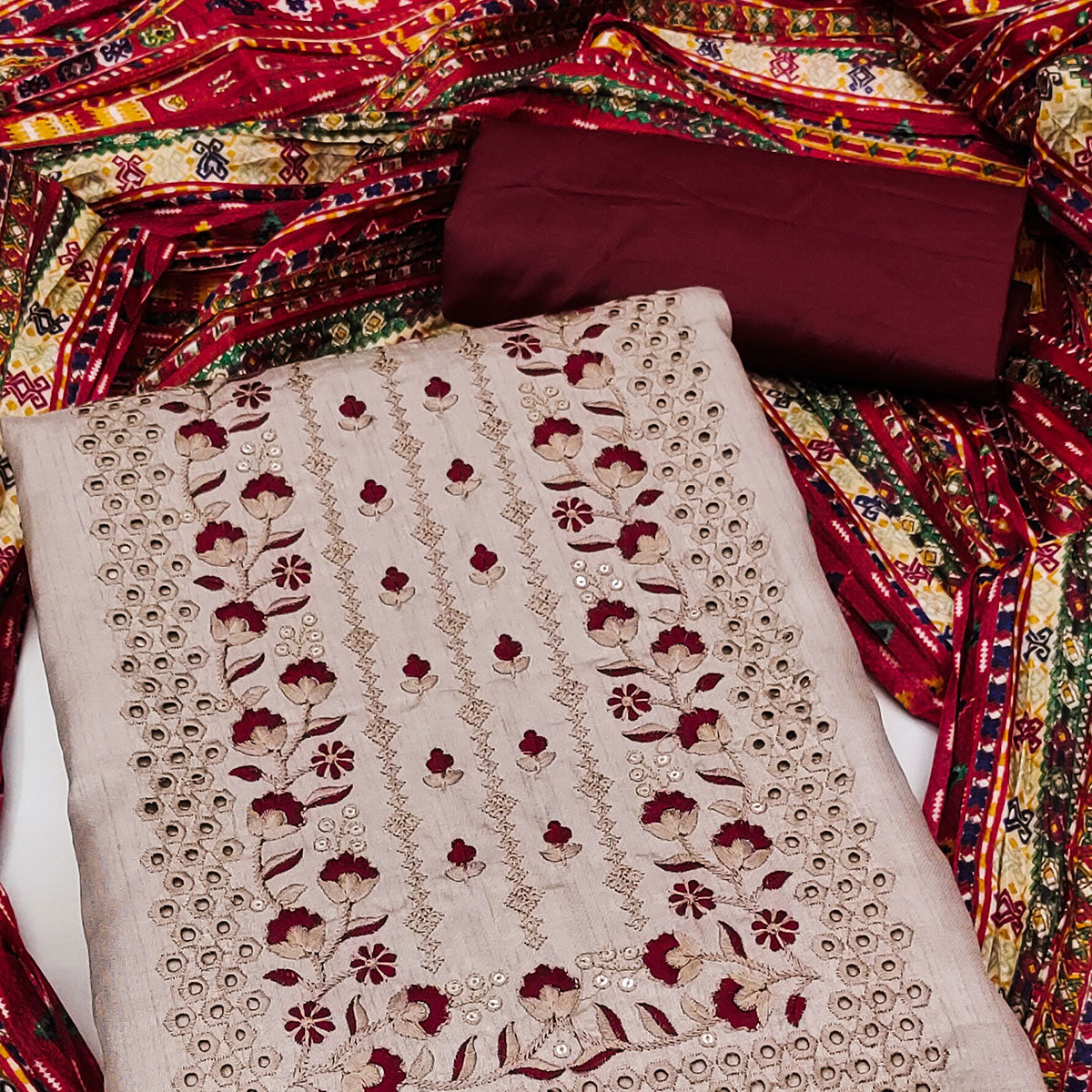 Beige Floral Sequins Embroidered Cotton Silk Dress Material