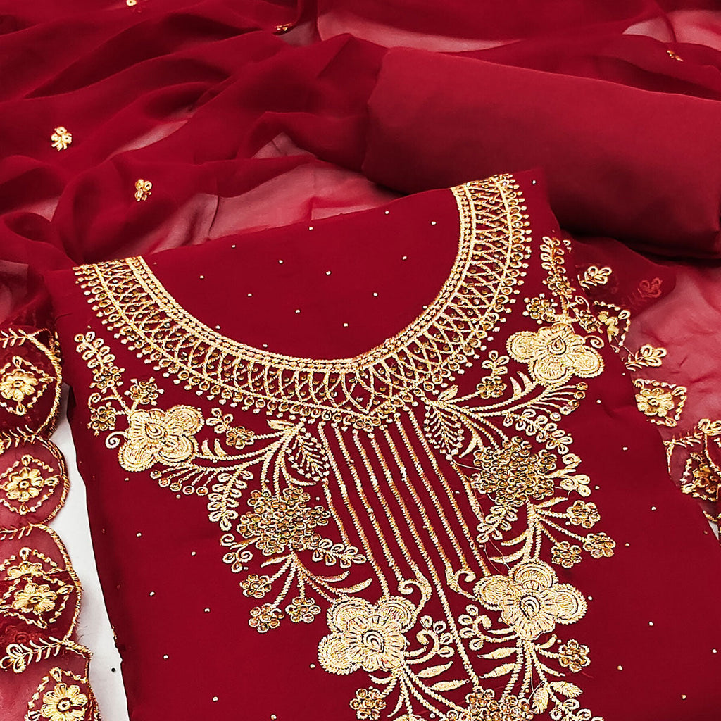 Dark Red Floral Embroidered Georgette Dress Material