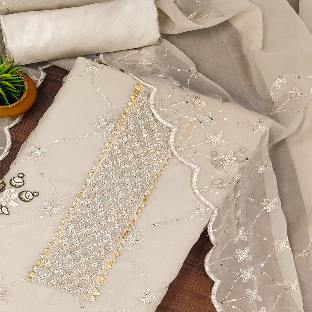 Beige Floral Sequins Embroidered Georgette Dress Material