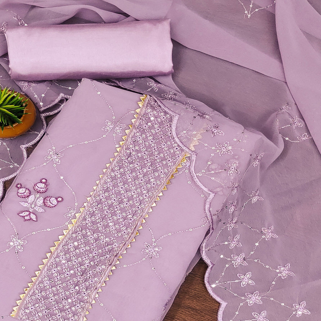 Light Lavender Floral Sequins Embroidered Georgette Dress Material