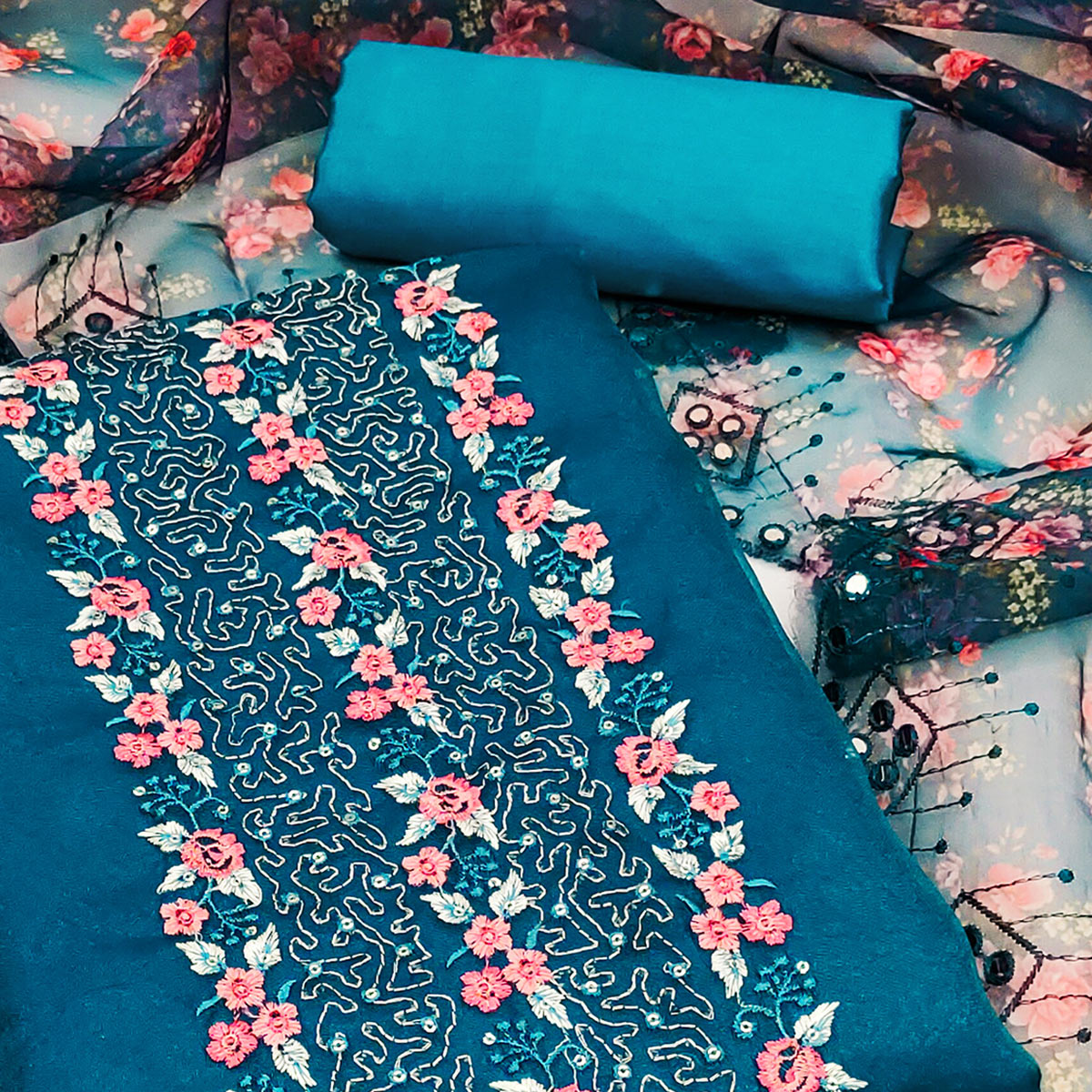 Morpich Blue Organza Dress Material With Glimmering Floral Sequins Embroidery