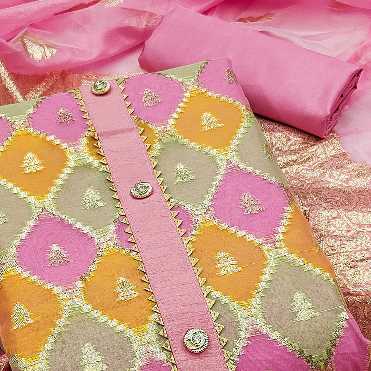 Graceful Glow Pink Jacquard Organza Dress Material With Zari Weaving Work