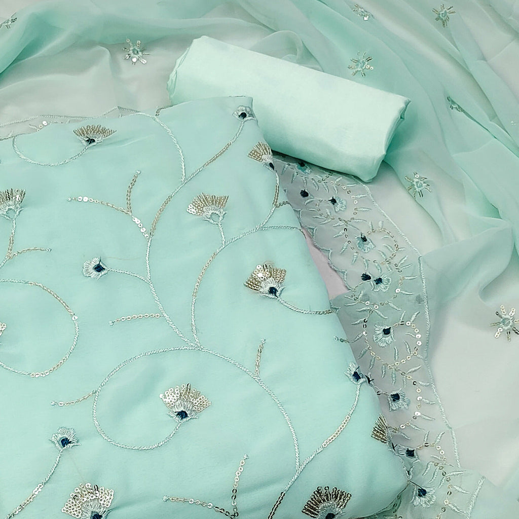 Blue Floral Sequins Embroidered Georgette Dress Material