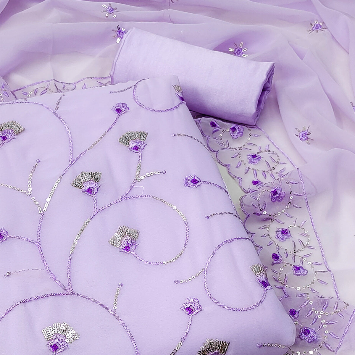 Lavender  Floral Sequins Embroidered Georgette Dress Material