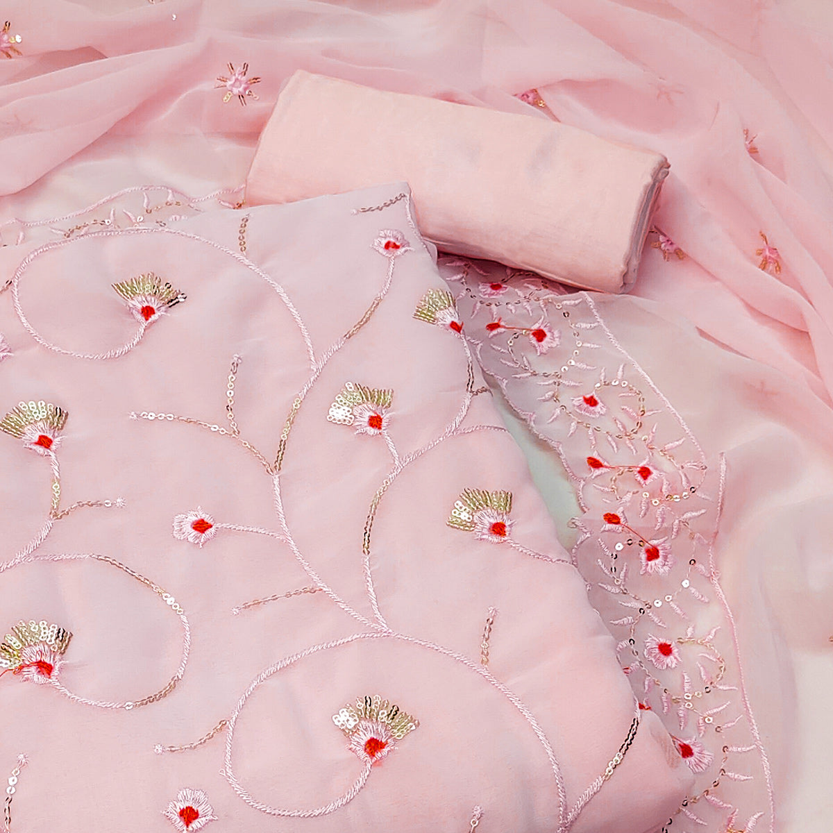 Pink Floral Sequins Embroidered Georgette Dress Material