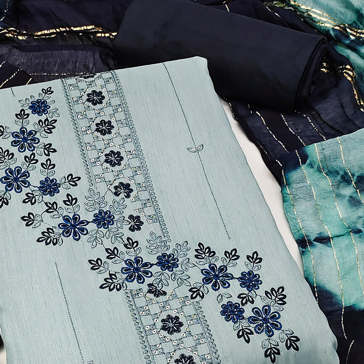 Bluish Grey Cotton Blend Dress Material With Delicate Floral Thread & Sequin Embellishments