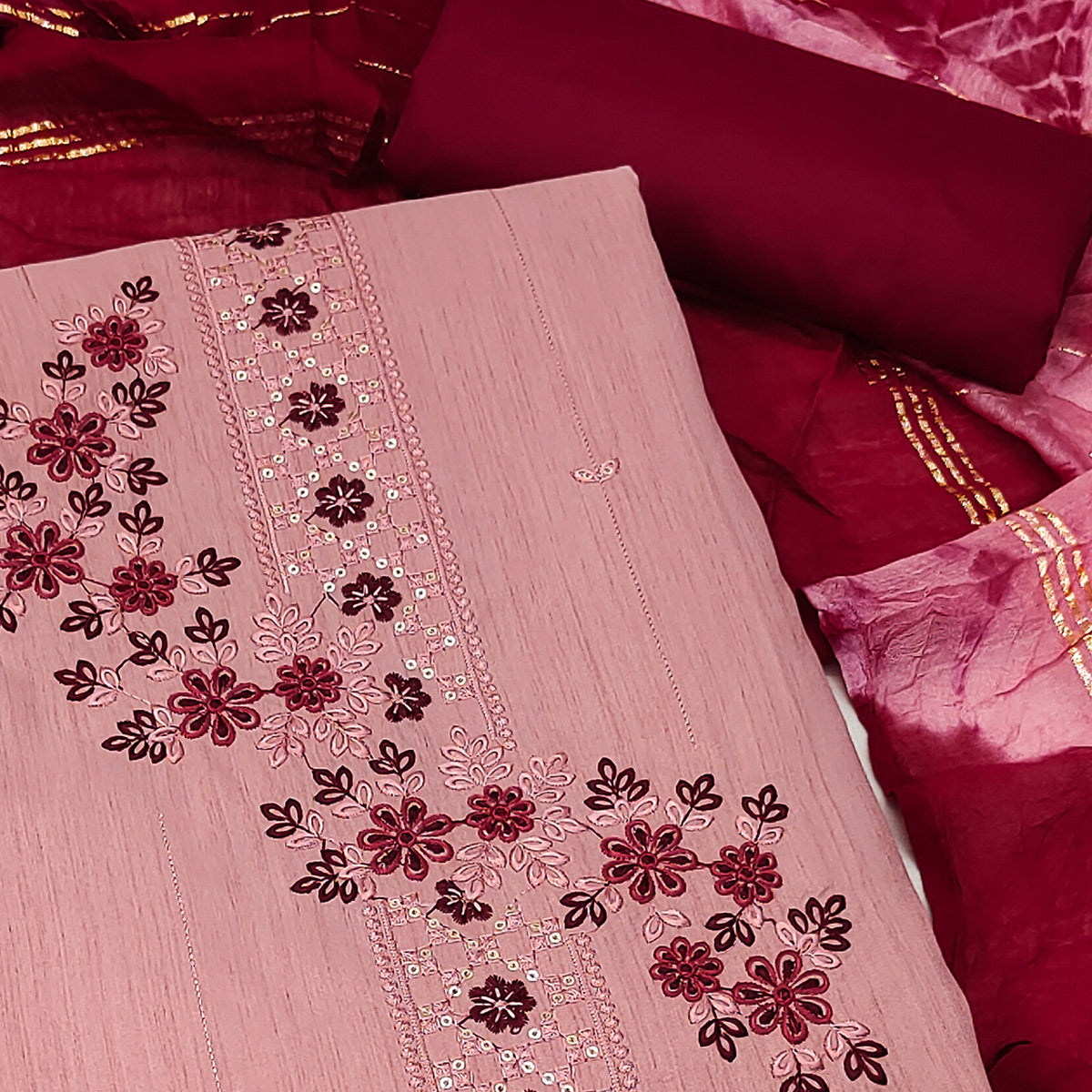 Blush Pink Cotton Blend Dress Material With Delicate Floral Thread & Sequin Embellishments