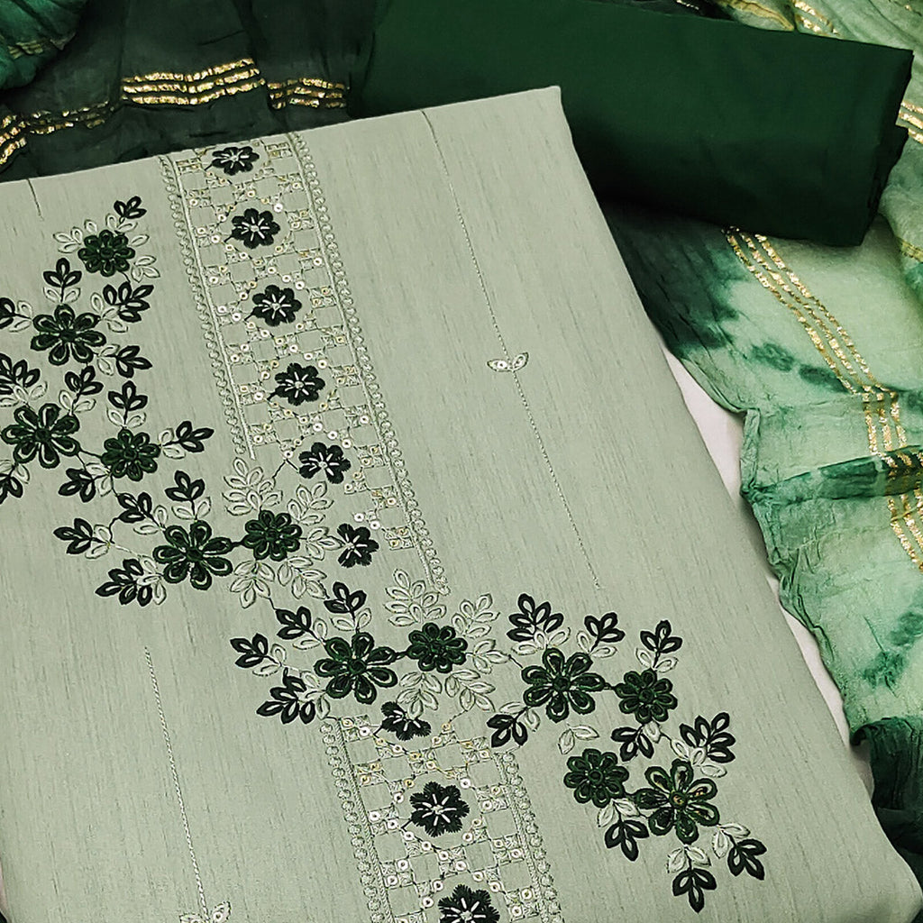 Green Cotton Blend Dress Material With Delicate Floral Thread & Sequin Embellishments