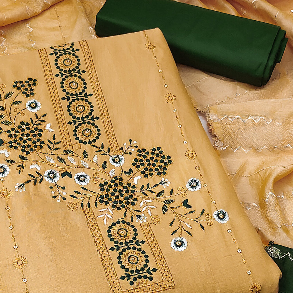 Chikoo Charm Cotton Blend Dress Material With Threaded Florals And Sparkling Sequins