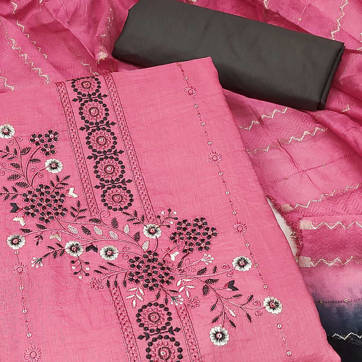 Pink Blossom Cotton Blend Dress Material With Thread Work And Sparkling Sequins