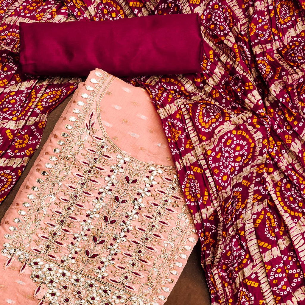 Peach Woven With Gota Work Jacquard Dress Material