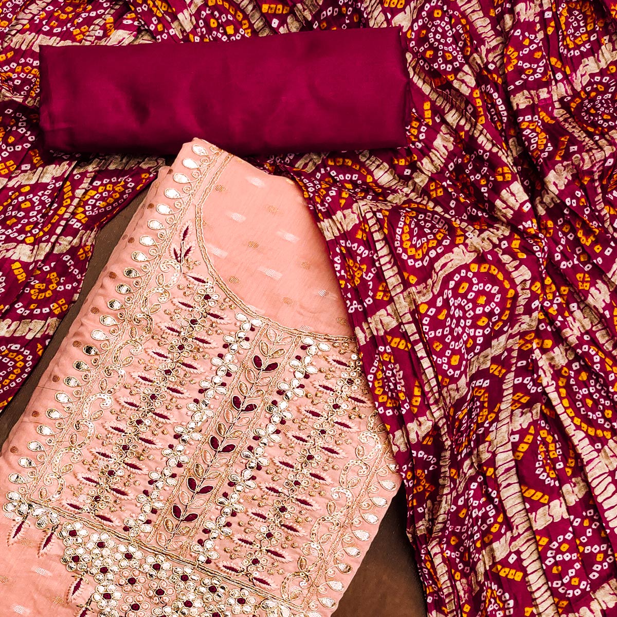 Peach Woven With Gota Work Jacquard Dress Material