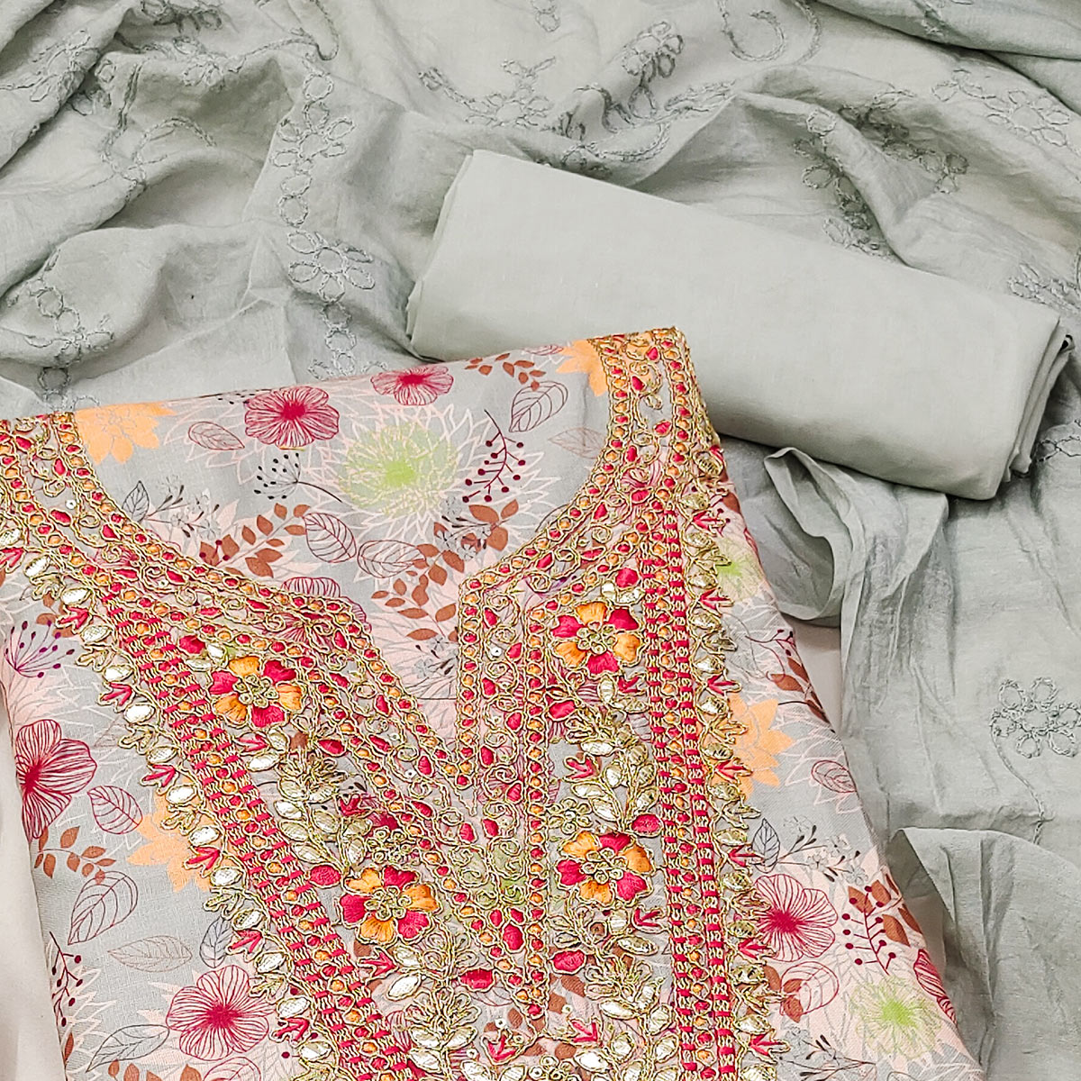 Grey Dress Material With Floral Digital Print & Subtle Sequins Embroidery Work