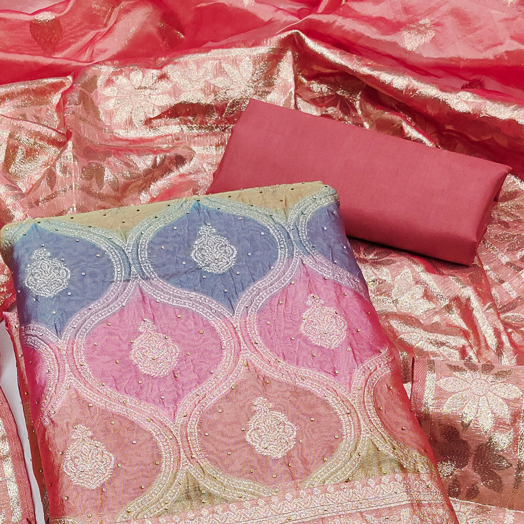 Dark Peach Organza Banarasi Silk Dress Material With Zari & Sparkling Stone Embellishments