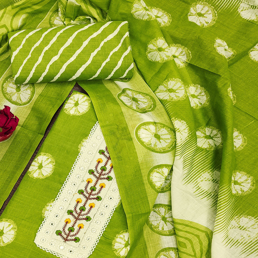 Green Printed With Embroidered Cotton Blend Dress Material