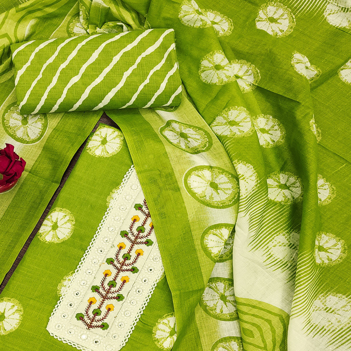 Green Printed With Embroidered Cotton Blend Dress Material