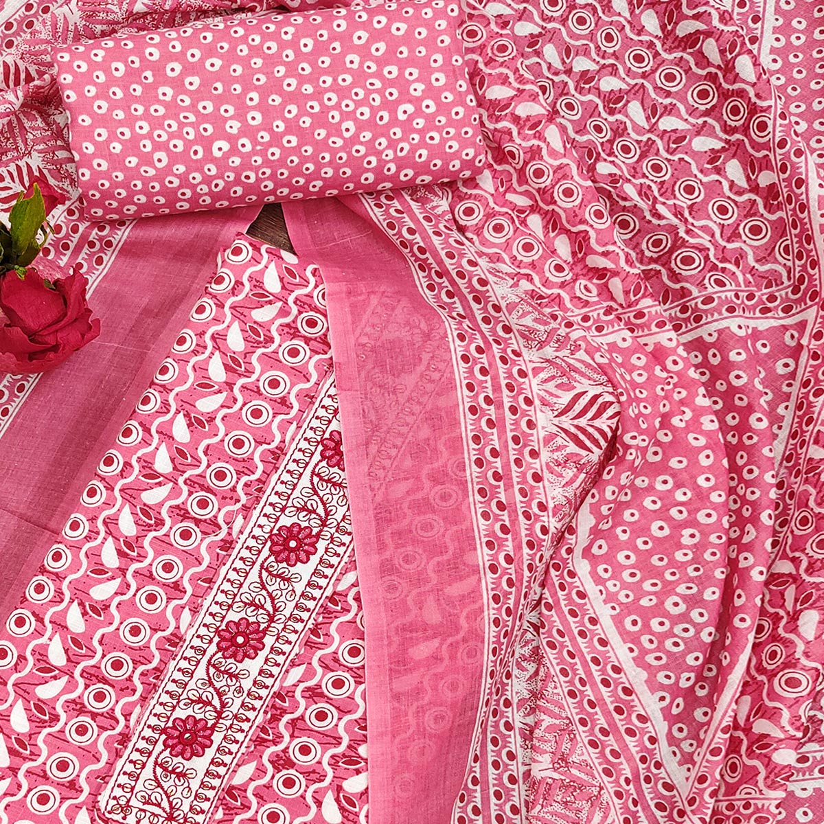 Pink Printed With Embroidered Cotton Blend Dress Material