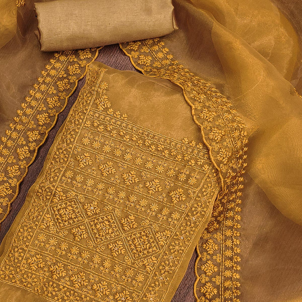 Dark Mustard Organza Dress Material With Sequins & Floral Thread Embroidery