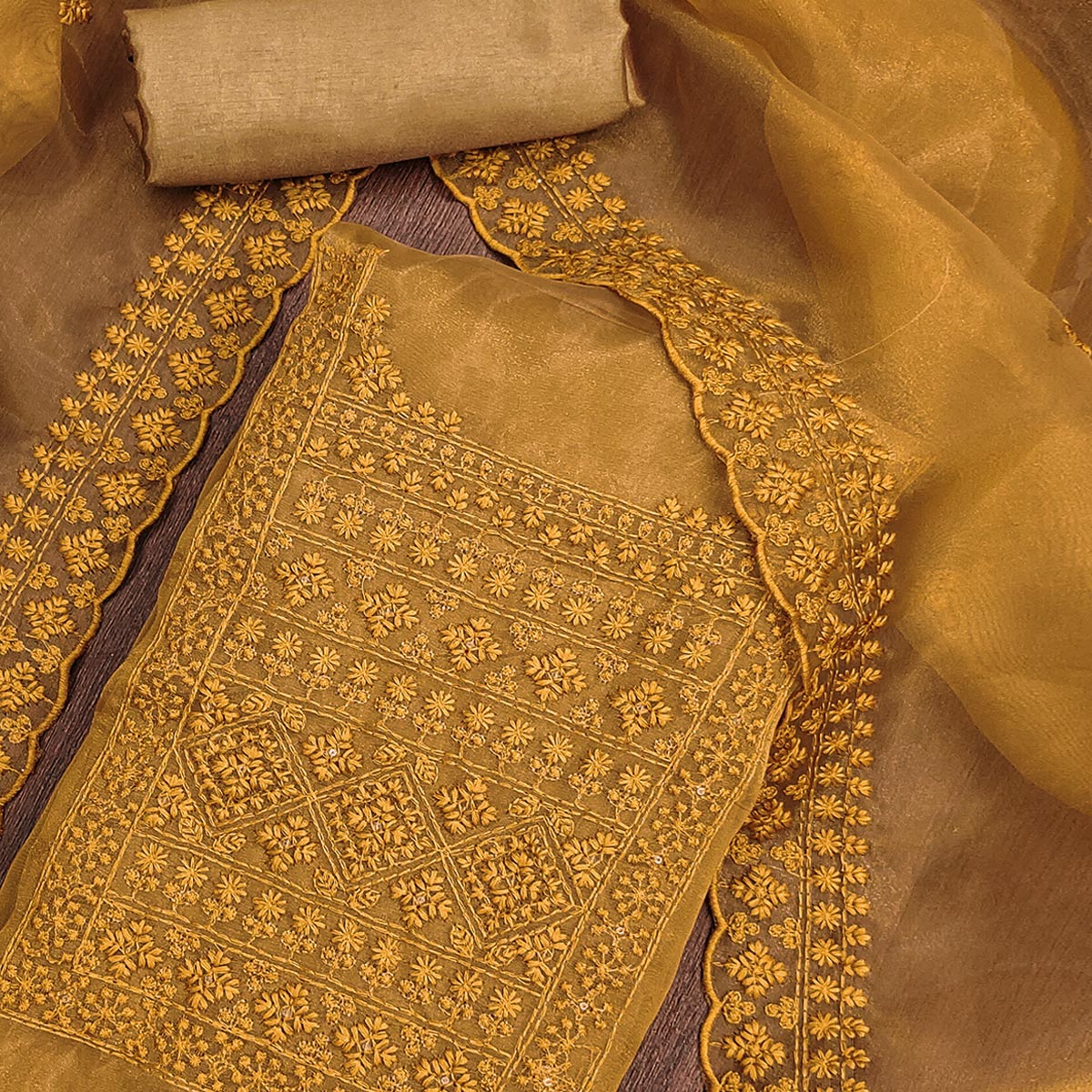 Dark Mustard Organza Dress Material With Sequins & Floral Thread Embroidery