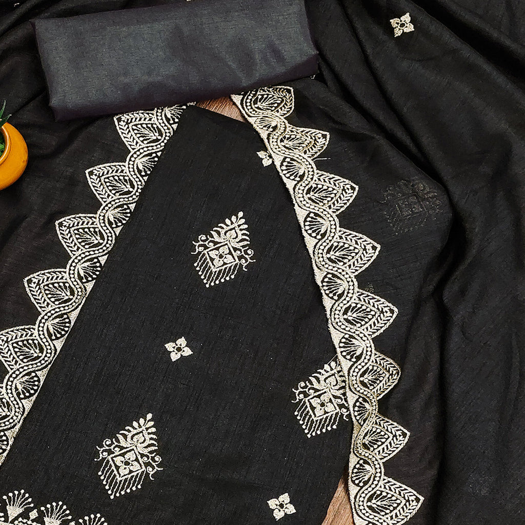 Black Vichitra Silk Dress Material With Intricate Floral Zari Embroidery