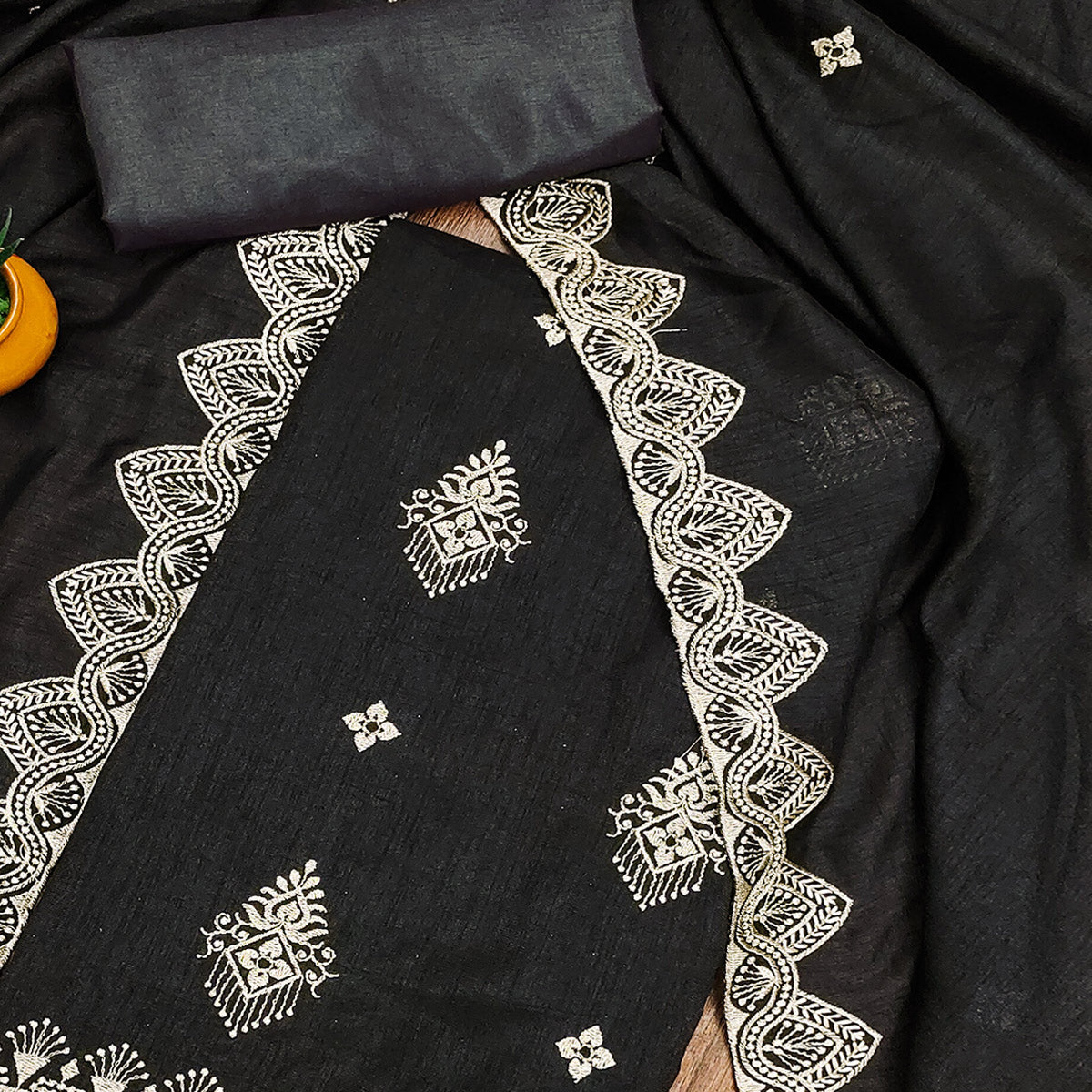 Black Vichitra Silk Dress Material With Intricate Floral Zari Embroidery