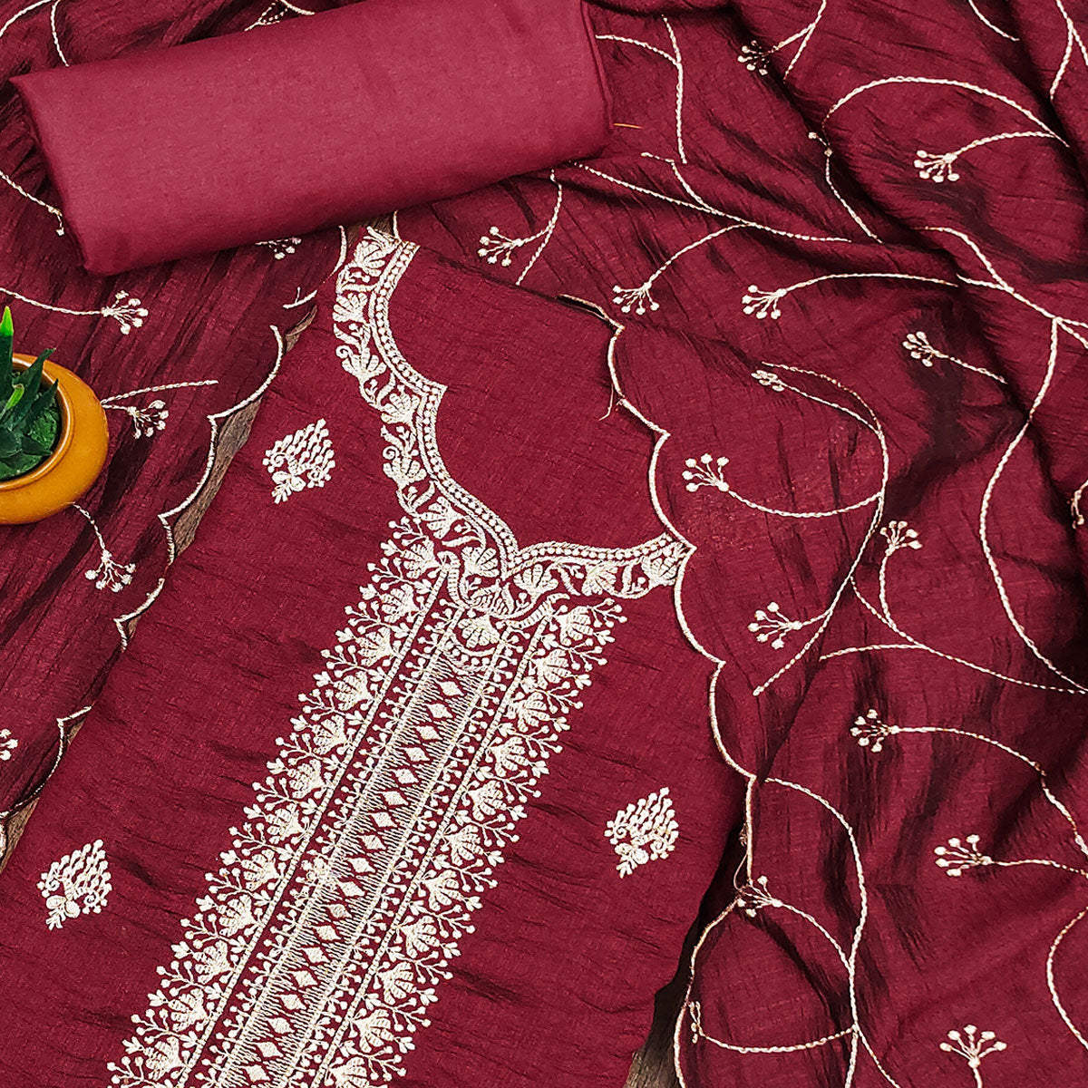 Maroon Vichitra Silk Dress Material with Graceful Floral Zari Embroidery