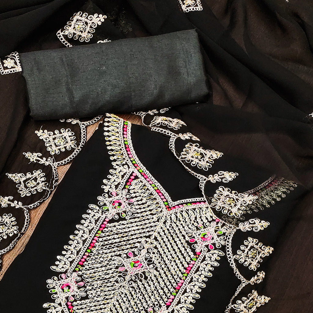 Black Sequins Embroidered Georgette Dress Material