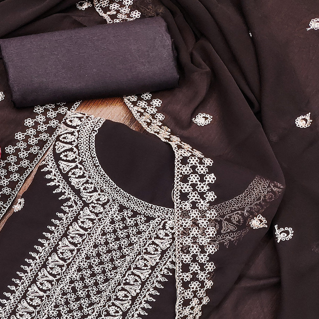 Brown Embroidered Georgette Dress Material