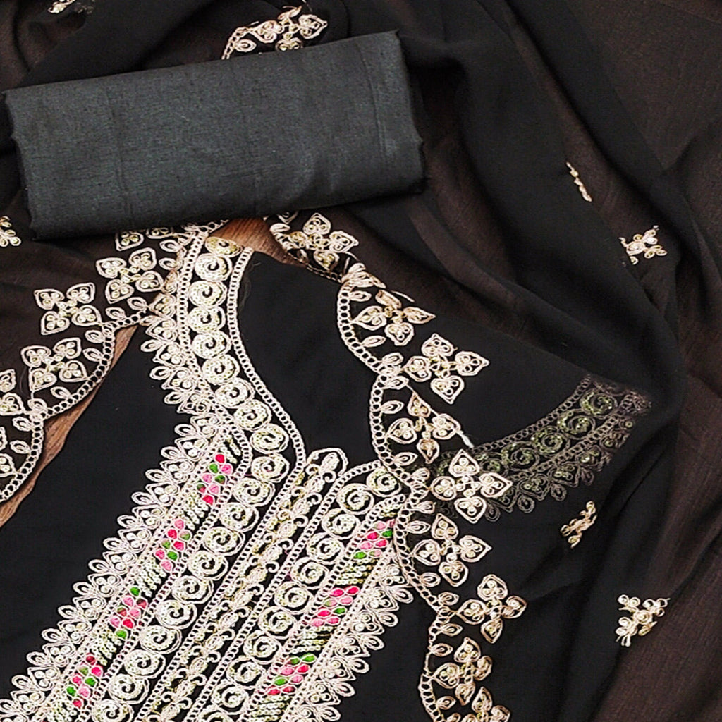 Black Floral Embroidered Georgette Dress Material