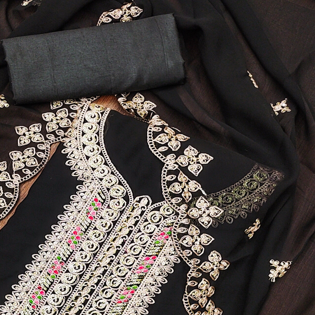 Black Floral Embroidered Georgette Dress Material