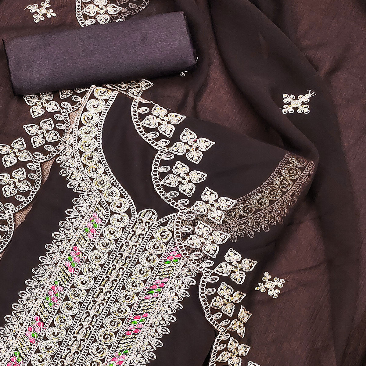 Brown Floral Embroidered Georgette Dress Material