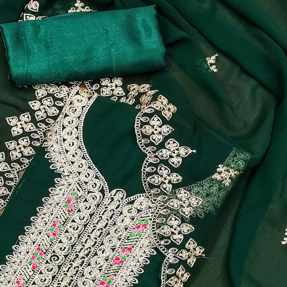 Green Floral Embroidered Georgette Dress Material