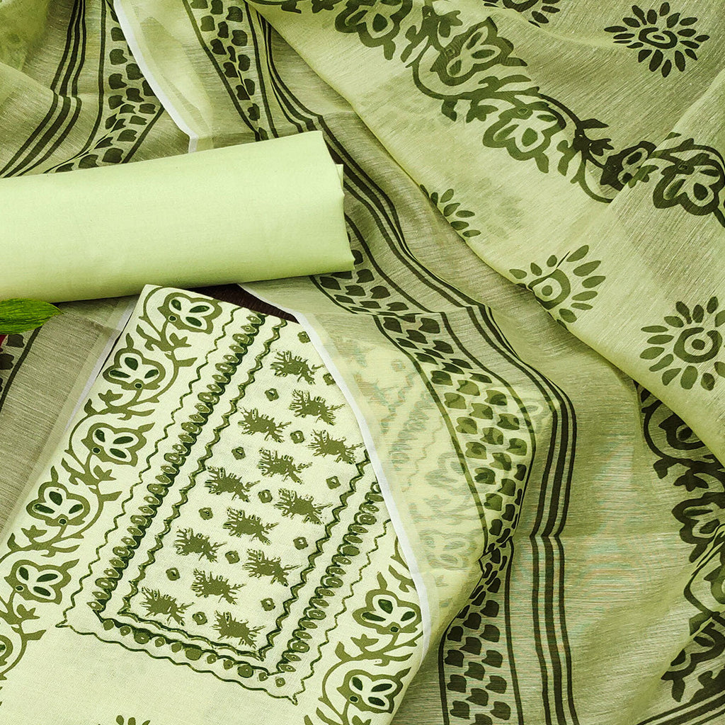 Green Floral Printed Cotton Blend Dress Material