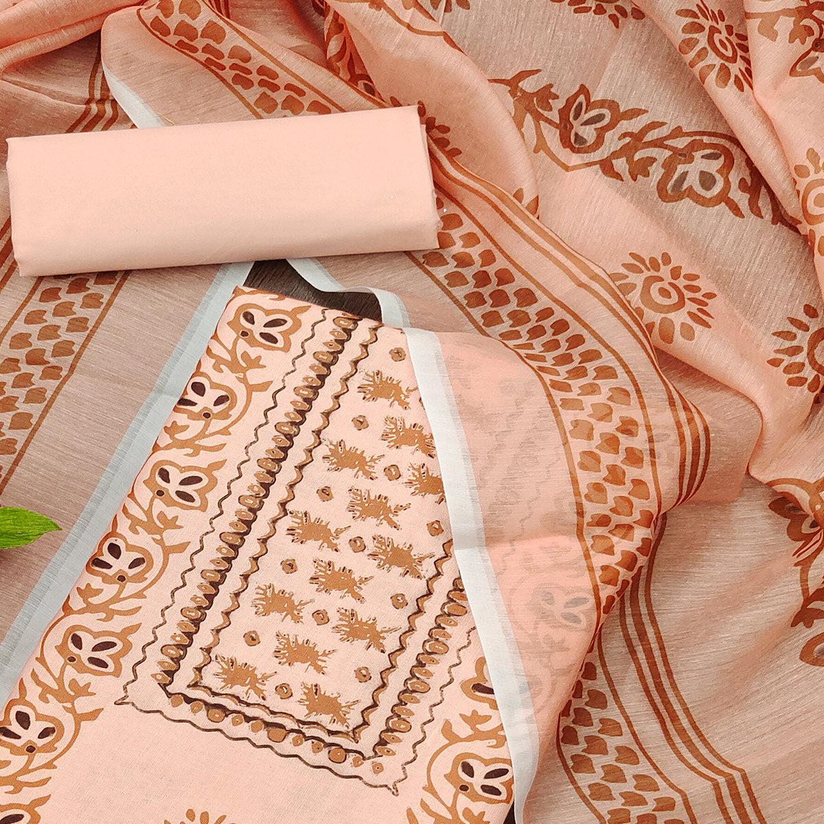 Peach Floral Printed Cotton Blend Dress Material