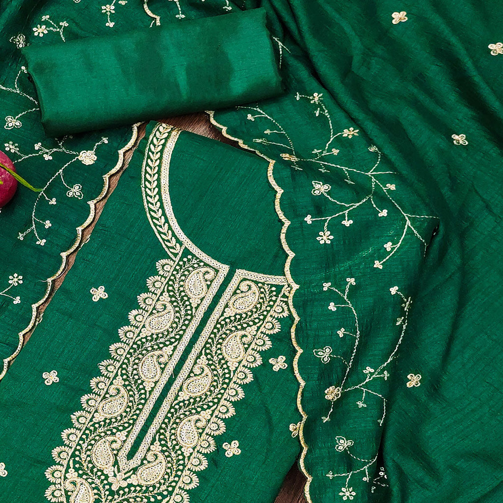 Green Floral Embroidered Vichitra Silk Dress Material