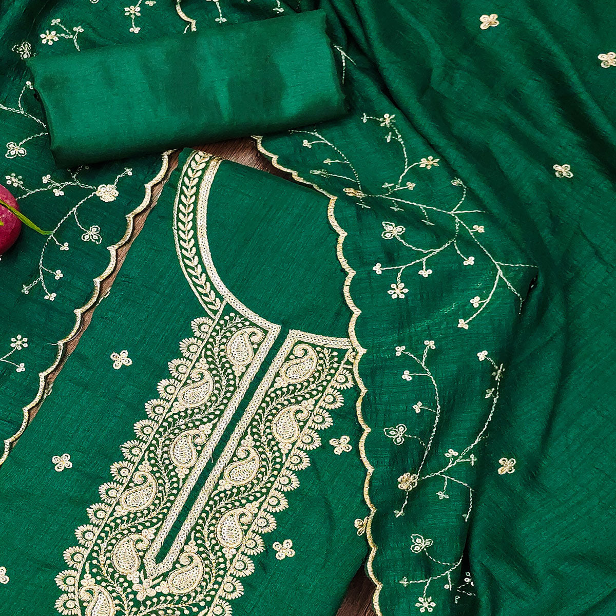 Green Floral Embroidered Vichitra Silk Dress Material