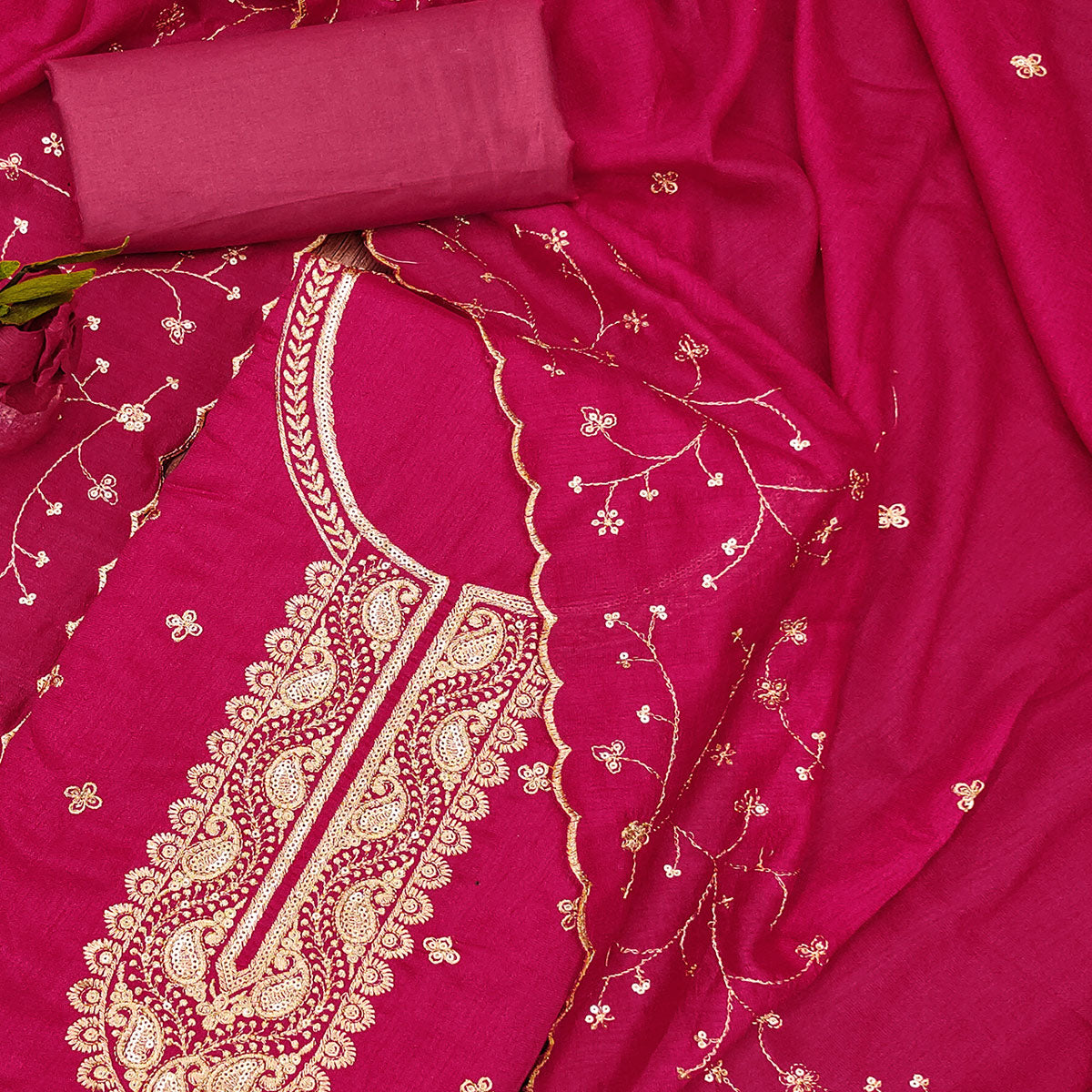 Pink Floral Embroidered Vichitra Silk Dress Material