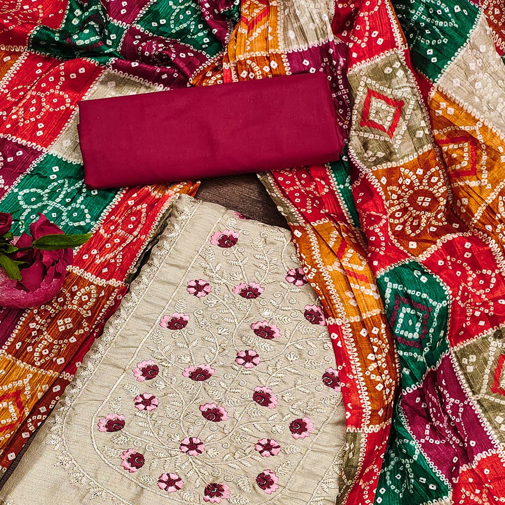 Chikoo Floral Embroidered Cotton Blend Dress Material