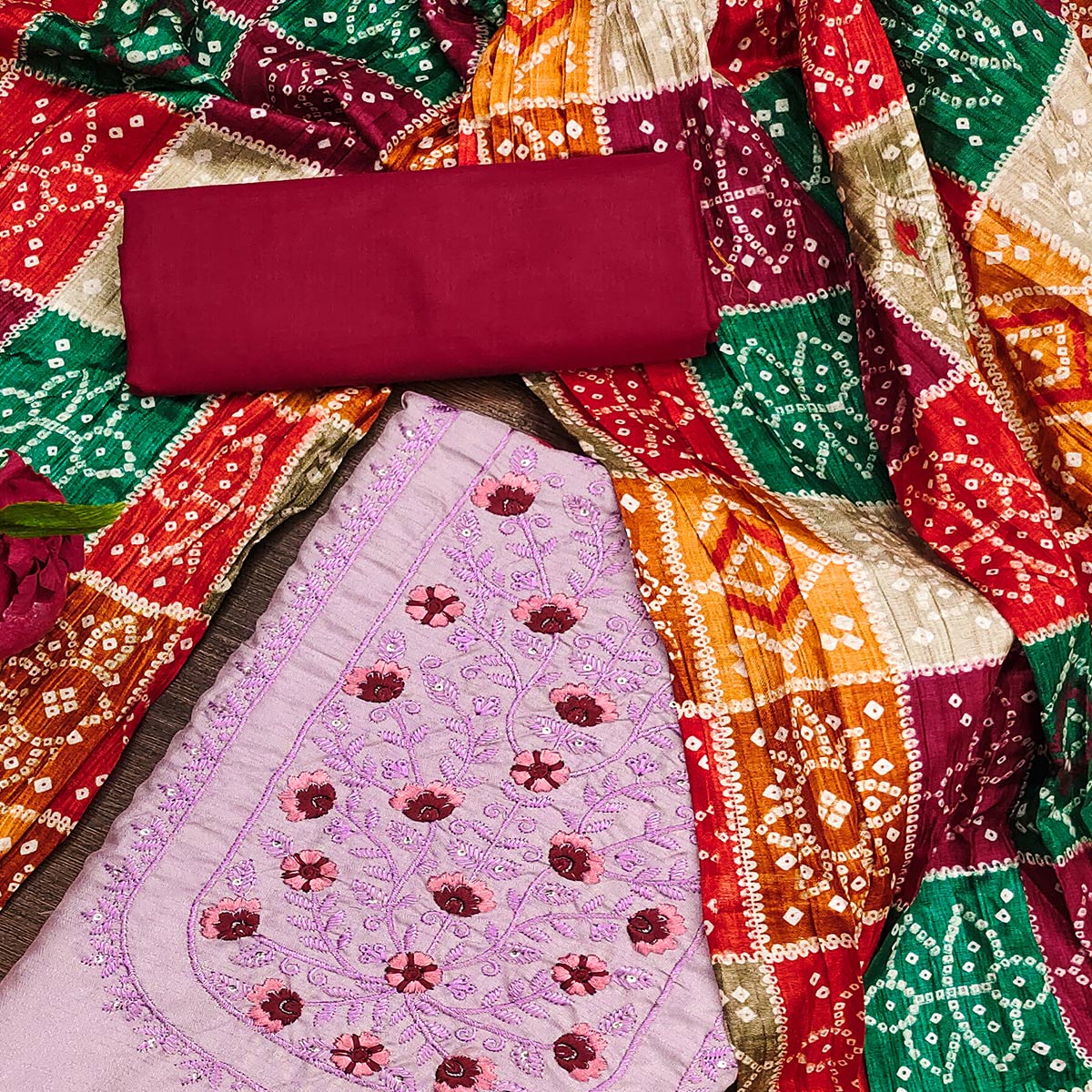 Light Purple Floral Embroidered Cotton Blend Dress Material