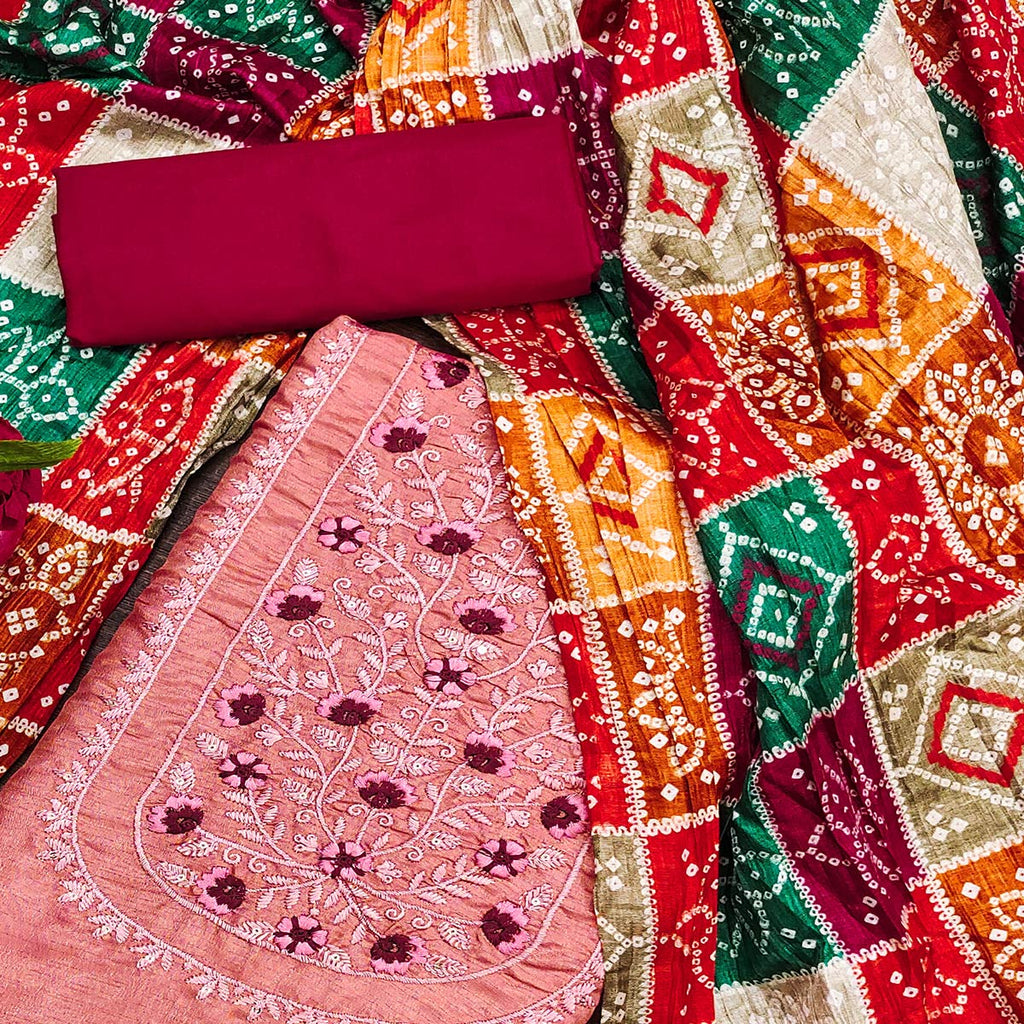 Peach Floral Embroidered Cotton Blend Dress Material