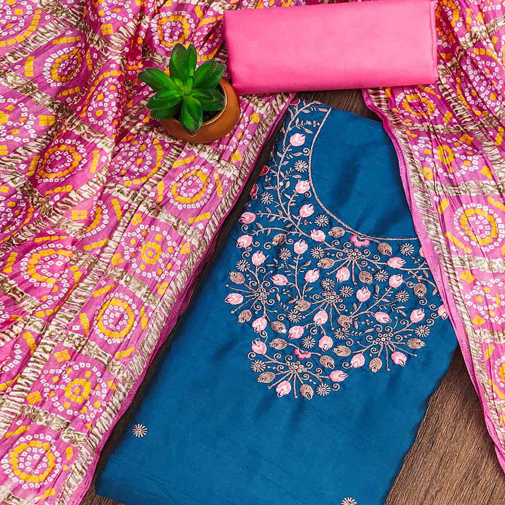 Blue Floral Sequins Embroidered Cotton Blend Dress Material