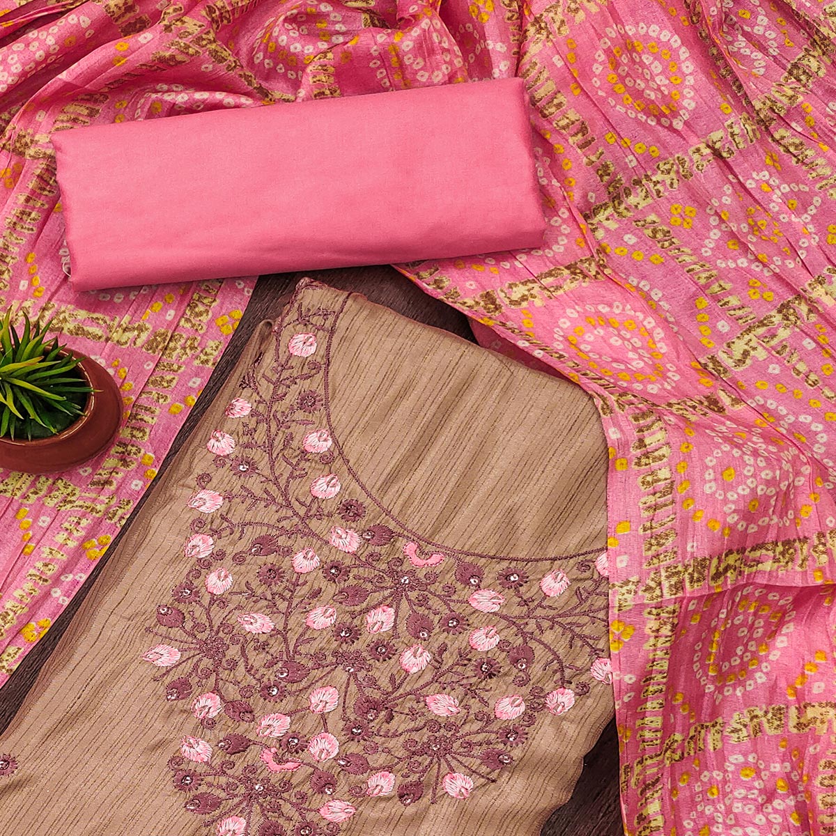 Chikoo Floral Sequins Embroidered Cotton Blend Dress Material