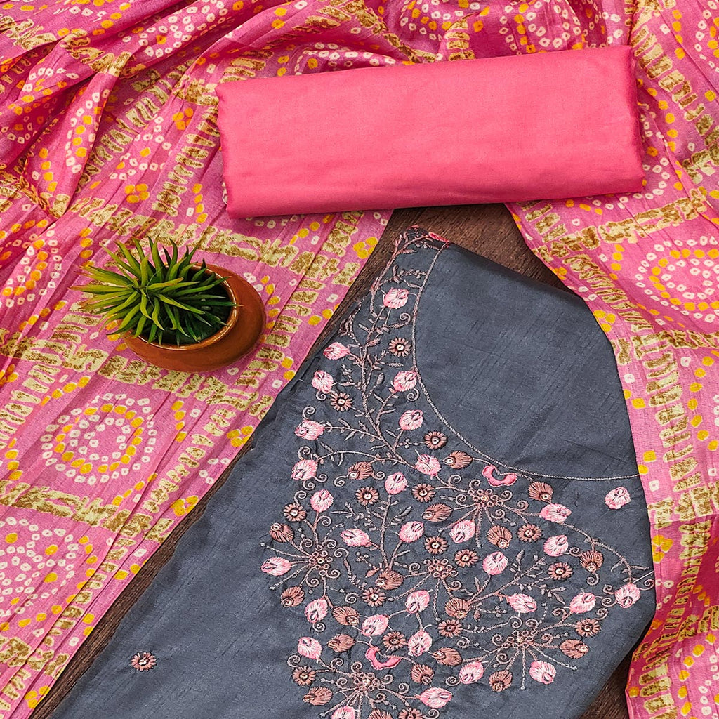 Grey Floral Sequins Embroidered Cotton Blend Dress Material