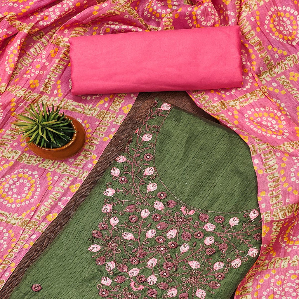 Mehendi Green Floral Sequins Embroidered Cotton Blend Dress Material