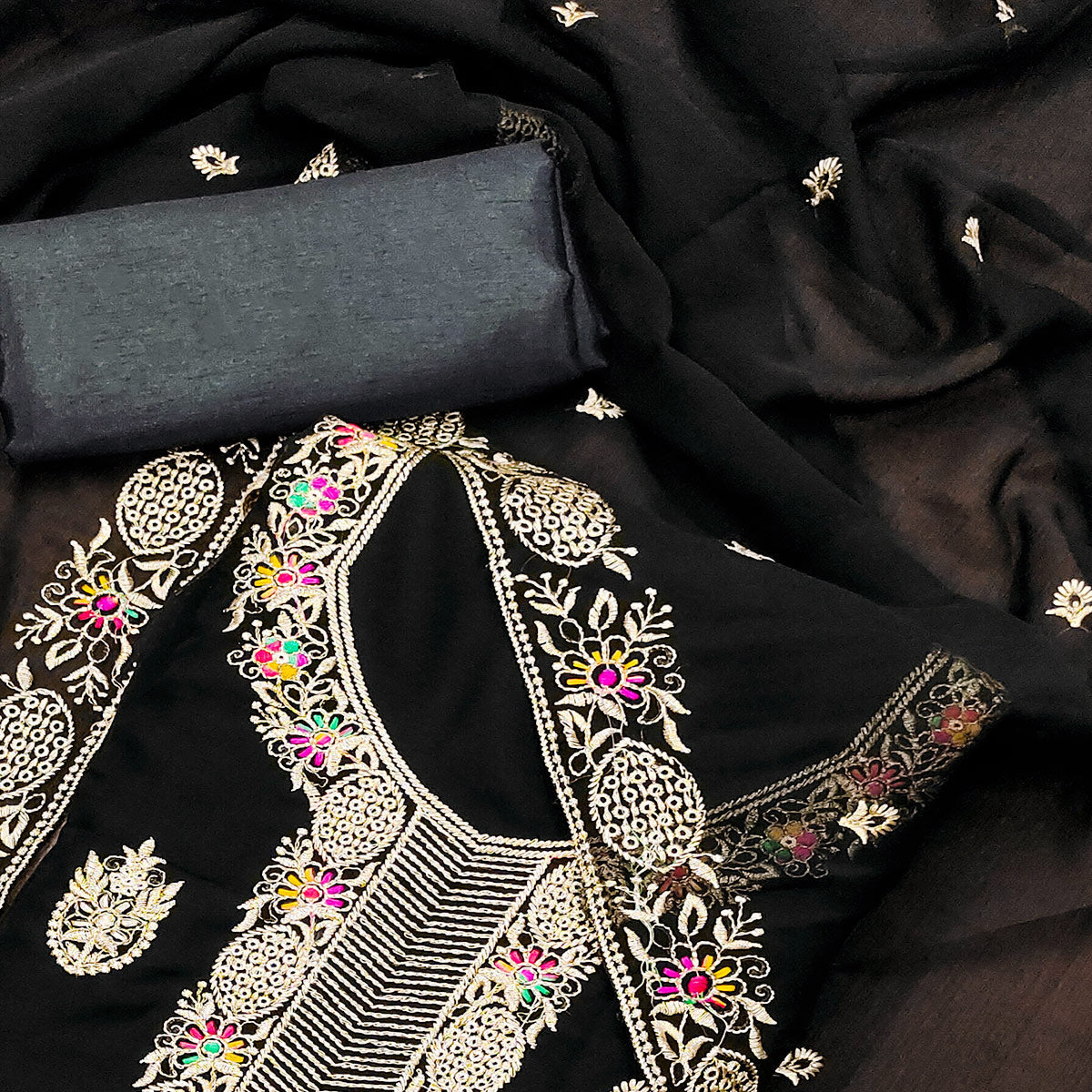 Black Floral Embroidered Georgette Dress Material