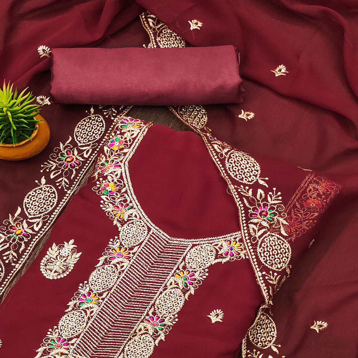 Maroon Floral Embroidered Georgette Dress Material